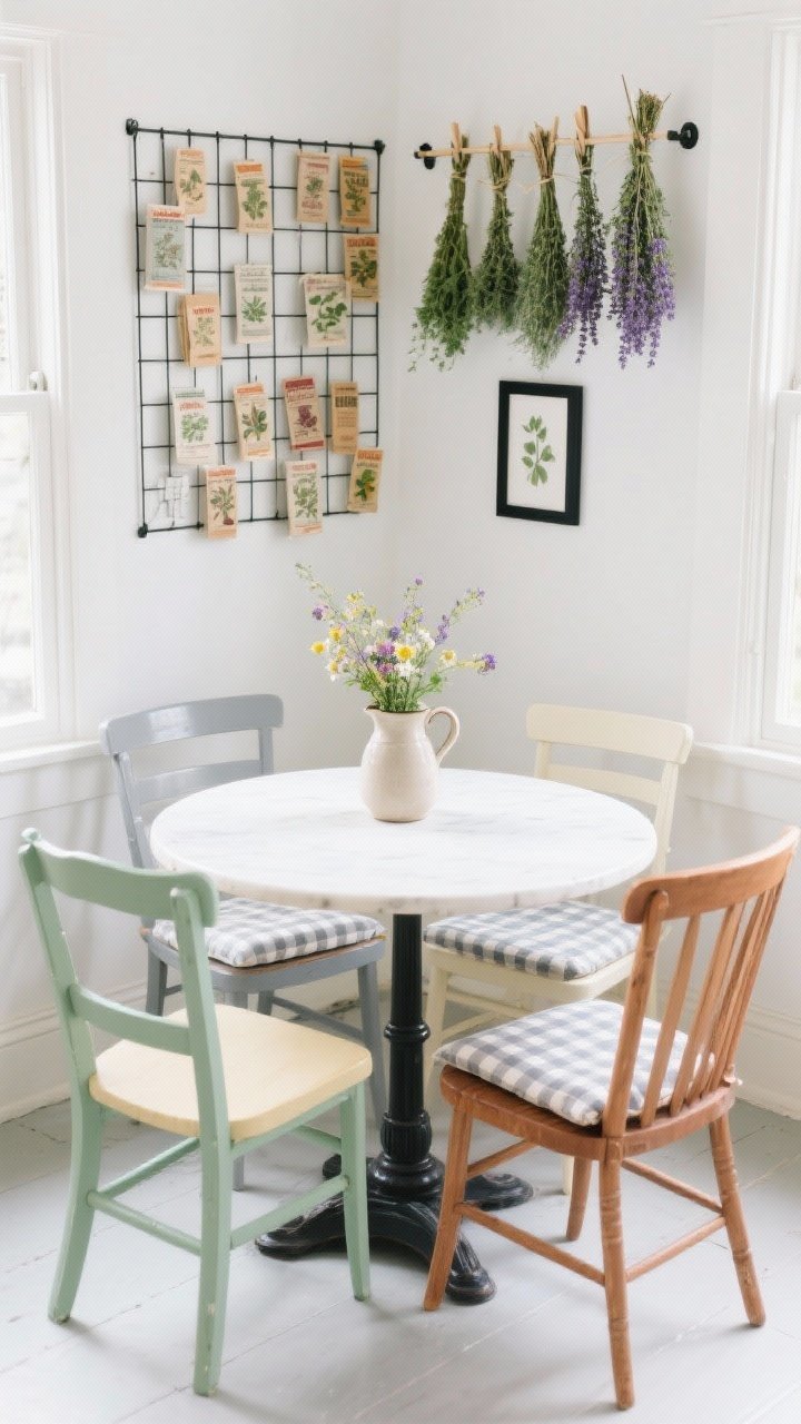Bright breakfast nook, overhead-leaning three-quarter shot: round bistro table set simply; four mismatched wooden chairs painted sage, buttercream, dove gray, and soft russet with gingham cushions; simple drying rack overhead holding bundles of thyme and lavender; wall grid of antique seed packets in slim black frames; ceramic pitcher of wildflowers on the table; crisp morning light, botanist’s charm.