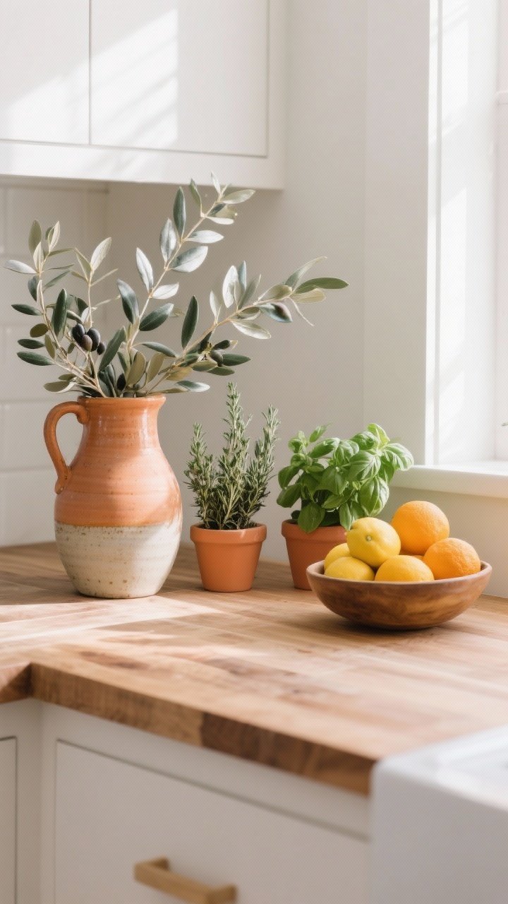 Bright detail shot of nature accents on a butcher block counter: a ceramic pitcher with eucalyptus and olive branches providing silvery greens, a terracotta trio of thyme, rosemary, and basil, and a shallow bowl of lemons and oranges; fresh, lively color against neutral surroundings; crisp daylight from the side, with gentle shadows for dimension.