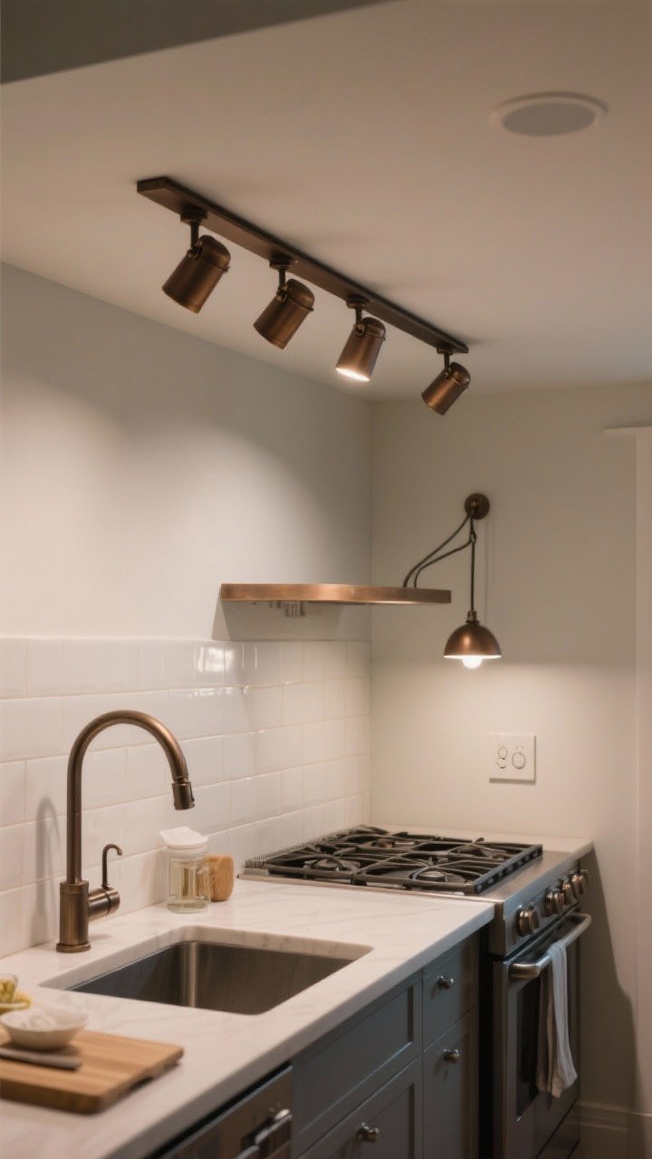 Ceiling-focused medium shot of a linear rail light in antique bronze with adjustable heads aimed at the sink, stove, and a prep zone; one head angled toward the backsplash to create evening ambiance; ideal for a compact galley kitchen where pendants aren’t feasible; dimmer control visible; clean lines and utilitarian elegance.