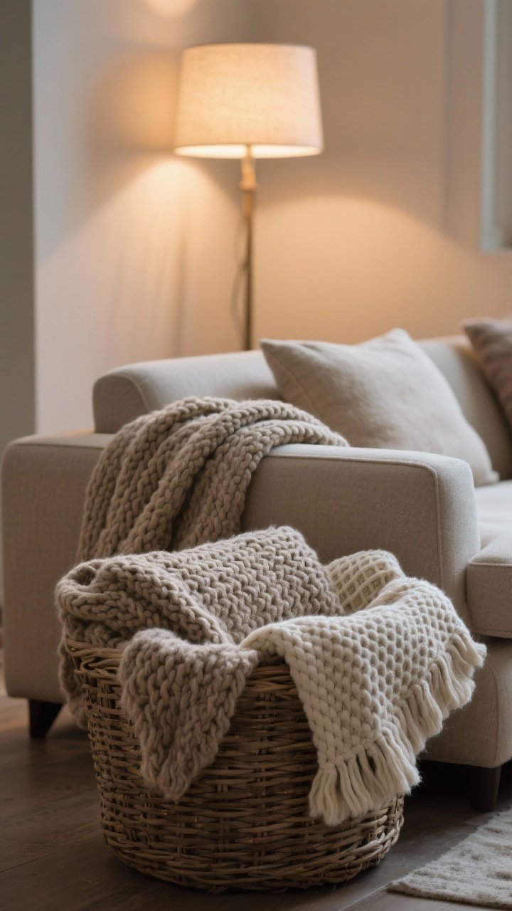 Closeup: basket of throws by the sofa—chunky knit, cashmere/alpaca blend, and cotton waffle weave in tonal, room-matching colors; one throw casually draped over the sofa arm; soft, cozy texture emphasized; warm evening lamp light; photorealistic fabric detail.