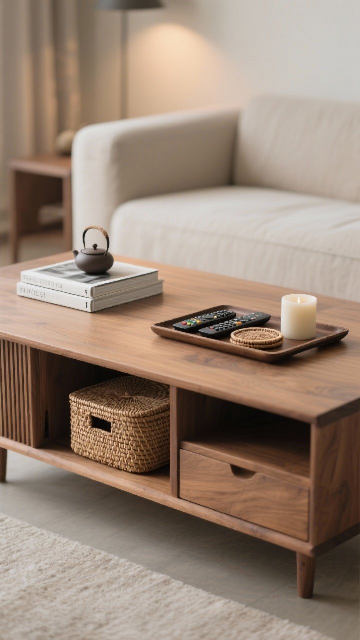 Closeup detail: A solid wood coffee table with discreet storage—an open low shelf holding a woven lidded basket; an inset drawer barely visible; a shallow tray on top corralling remotes, coasters, and a minimalist candle. Two design books stacked neatly (only two), plenty of breathing room. Matte finishes, calm neutrals, and a curated tea-ceremony feel under soft, indirect light.