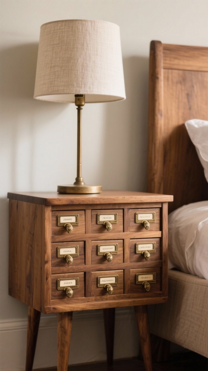 Closeup detail: compact nightstand with vintage-style apothecary drawers—multiple small compartments with label slots and aged brass pulls—body kept clean and simple to avoid cluttered look, tall simple lamp with linen shade for balance, warm wood tone, shallow depth of field emphasizing the labeled drawers and hardware texture, softly lit, photorealistic.