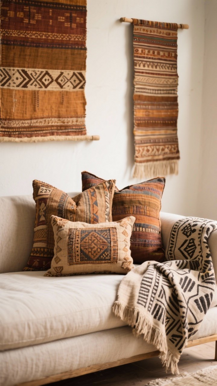 Closeup detail of global-inspired textiles: mudcloth and Kantha pillows in mixed sizes (20", 22", lumbar) layered on a sofa; a block-printed throw draped over the arm, not just folded; a narrow wall-hanging textile on a simple rod adjacent; palette tied by 2–3 pattern families in warm earth tones; soft natural light highlighting artisanal textures.