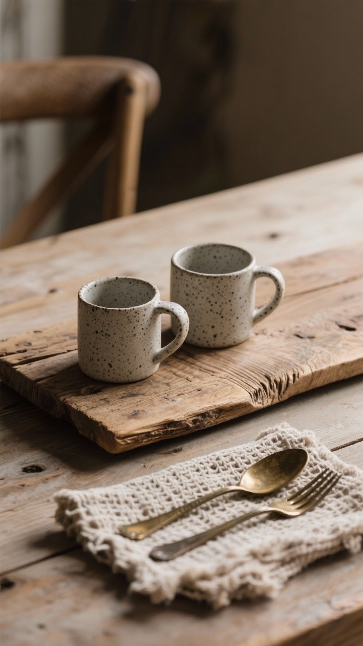 Closeup detail of hand-touched materials on a farmhouse table: matte speckled stoneware mugs, an oiled natural wood board with visible grain and uneven edges, aged brass/iron flatware, and a loosely woven linen napkin; soft, warm lighting emphasizing patina and imperfections; no glossy finishes, intimate focus on texture.