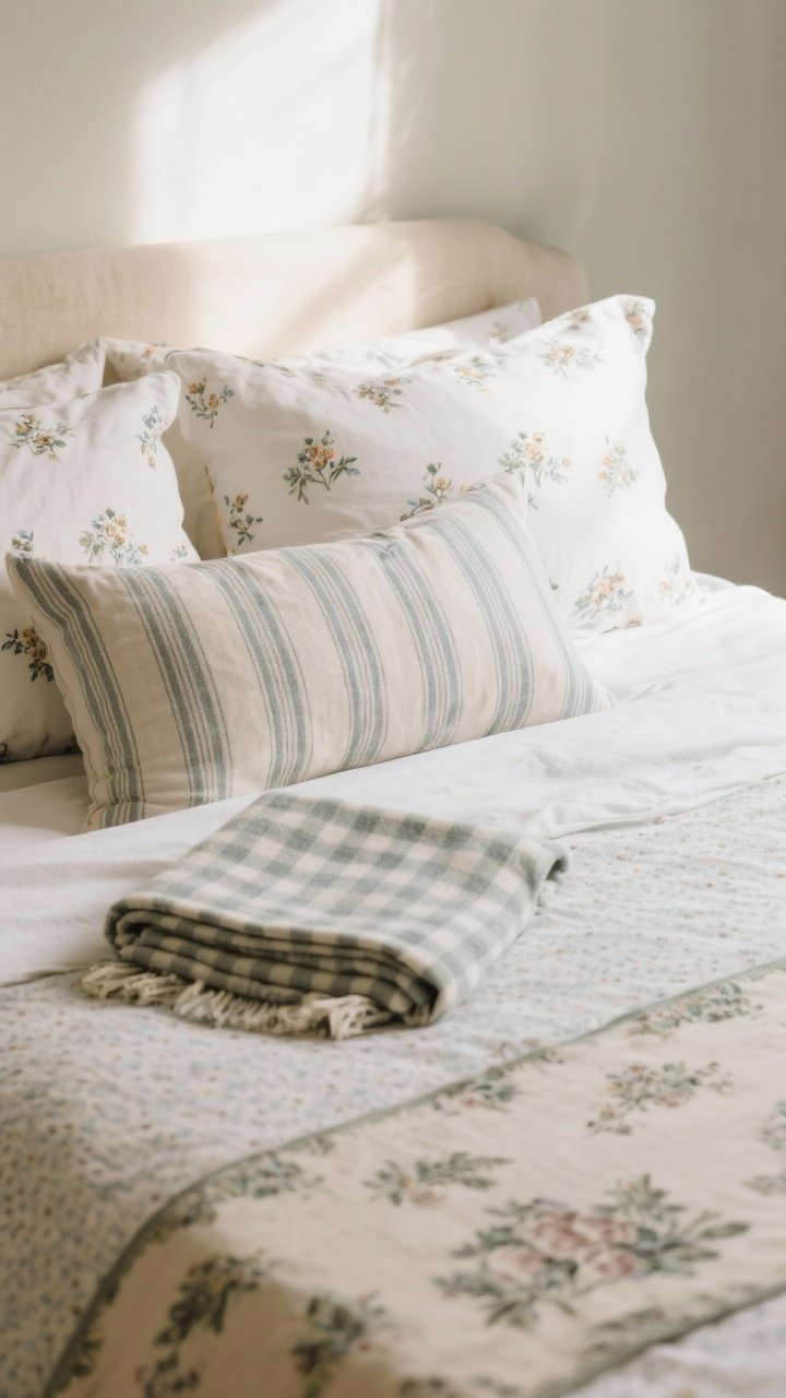 Closeup detail of layered soft patterns on a bed: tiny florals on pillowcases, ticking stripes on a lumbar cushion, and a folded gingham throw at the foot; muted, timeless palette with a hint of toile on a nearby table runner; soft morning light grazing the textiles to highlight pattern scale mixing and romantic cottage-core mood.