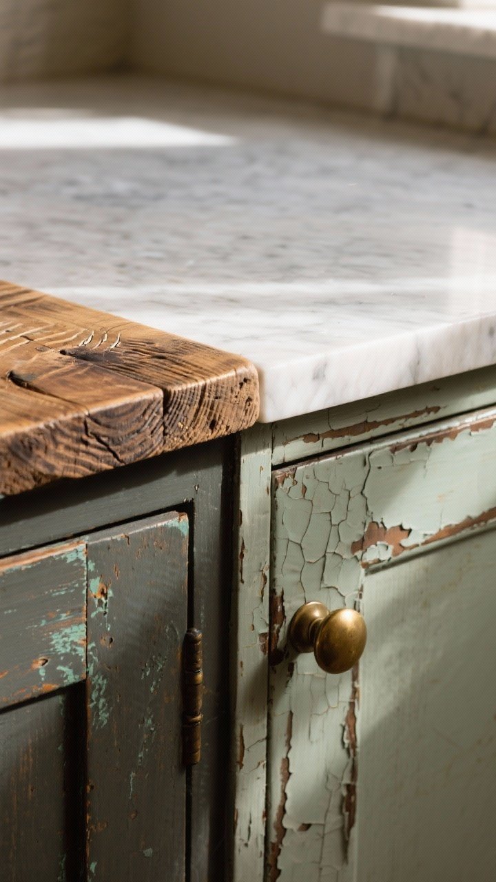 Closeup detail of patina and wear: a scuffed butcher block edge with sealed knife marks, unlacquered brass knob developing a deepened tone, and a vintage cabinet door with cracked paint next to a sleek quartz countertop for contrast; soft, indirect afternoon light to celebrate texture without glare; tight framing to hero the imperfections.