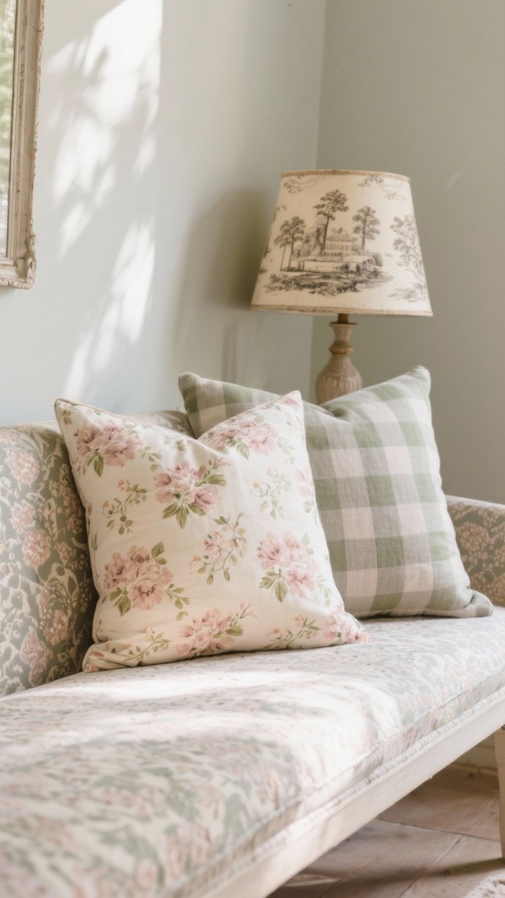 Closeup detail of pattern mixing on a cushioned bench: one ditsy floral pillow in faded blush and cream, one medium-scale sage gingham cushion, and one solid linen cushion in mushroom gray; a lampshade covered in vintage toile fabric as a small accent in the background; varied scale clearly visible, all in the same soft color family; natural afternoon light; photorealistic, texture-forward.