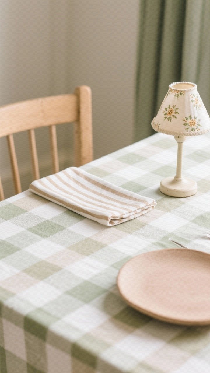 Closeup detail of simple vintage-inspired patterns harmonized: a mini check (gingham) tablecloth in warm white and oat, paired with a slim pinstripe napkin and a tiny floral lampshade nearby; palette limited to two or three colors—sage, warm white, and soft clay; include plain stoneware place setting to balance patterns; natural daylight, low risk, high charm.