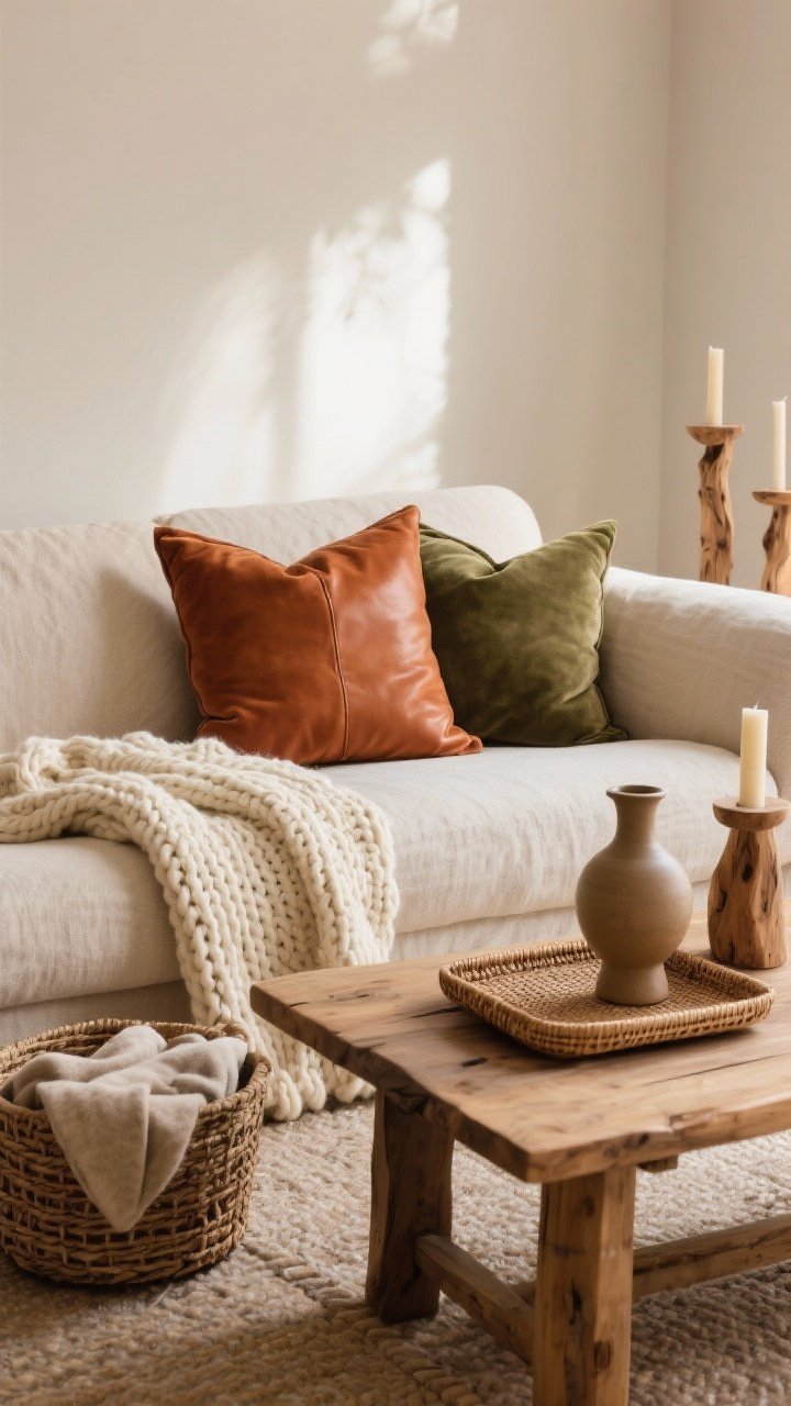 Closeup detail shot: a layered arrangement on a neutral linen sofa—chunky knit cream throw draped casually, two velvet pillows in rust and olive, with smooth caramel leather accent visible; in front, a raw wood coffee table styled with a rattan tray, woven basket on the floor holding blankets, and a pair of smooth ceramic vases beside raw wood candle holders; warm natural light, cohesive neutral base with warm accents, emphasis on contrasting textures.
