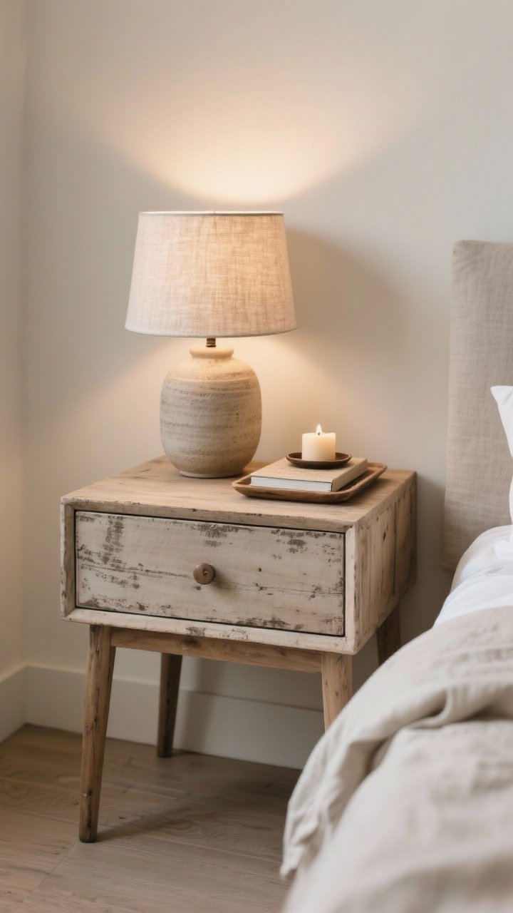 Closeup detail shot: a lightly weathered oak nightstand with clean, boxy silhouette and straight legs, single drawer with simple knob, styled minimally with a ceramic lamp and linen shade casting a soft warm glow, a small tray holding one candle and one book, shot straight-on at bedside with neutral walls and linen bedding, focus on gentle distressing texture and crisp lines, photorealistic.