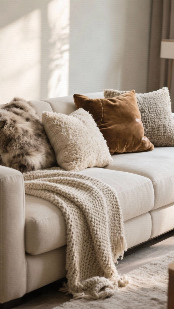 Closeup detail shot: a sleek neutral sofa draped with a nubby knit throw, piled with pillows in mixed textures—soft knit, linen, wool, faux fur, bouclé, leather and velvet—contrasting fabrics clearly visible; warm, soft afternoon light; focus on tactile variety and 3–5 distinct textures in the primary seating zone; photorealistic, shallow depth of field.