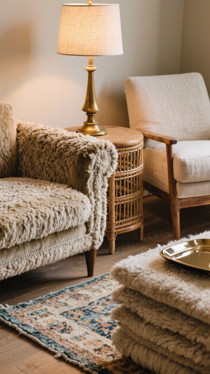 Closeup detail shot focused on layered textures: a boucle or velvet sofa arm next to a linen accent chair, a thick wool rug stacked under a smaller vintage rug edge, aged brass table lamp base catching a soft glow, and the corner of a rattan side table; include one plush element and one rustic wood element, add a small glossy lacquered tray for contrast; tactile, cozy Anthropologie vibe with warm, diffused lighting, photorealistic