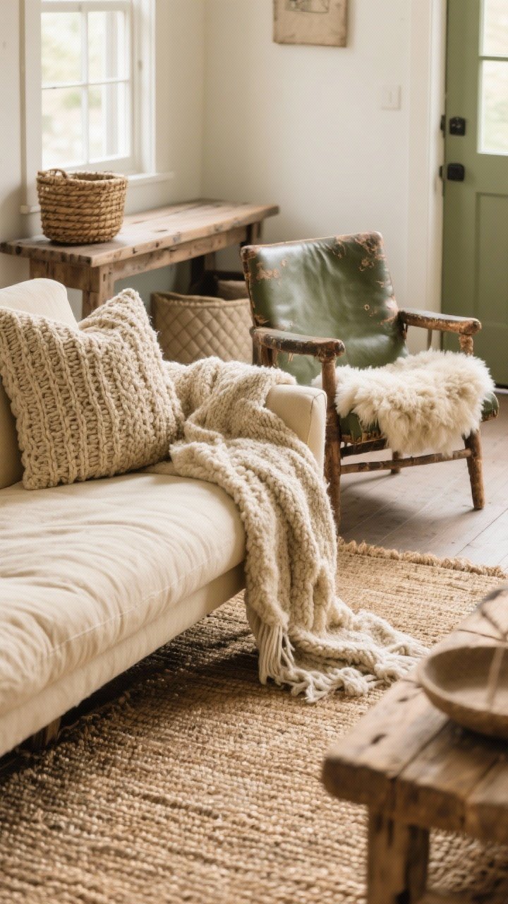 Closeup detail shot of layered textures in a rustic living room: a jute rug underfoot, a soft linen sofa in warm cream, topped with a chunky knit throw, a bouclé pillow, and a faux shearling draped over the arm; include a distressed leather chair nearby with a small sheepskin, and a raw wood bench with a woven basket and a quilted cushion by the entry; neutral palette with one muted olive accent, soft natural window light, shallow depth of field highlighting the tactile weaves.