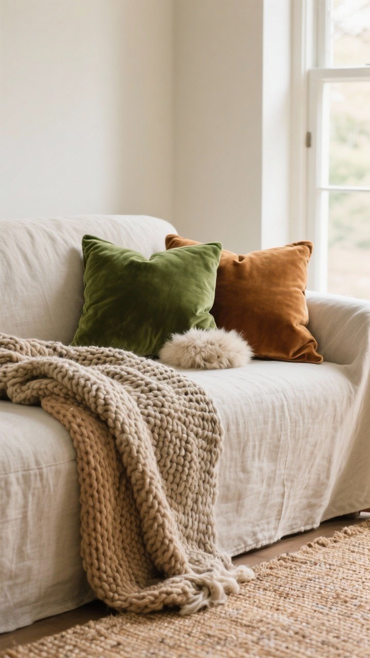 Closeup detail shot of layered textures on a neutral linen slipcovered sofa: a chunky knit throw draped casually, a mossy green velvet pillow and a caramel velvet pillow nestled together, with a small sheepskin rug overlapping a flatweave rug at the base; warm, soft natural window light highlighting fabric weaves; color palette of soft cream, greige, camel, and moss green; no clutter, cohesive 3–4 material repetition.