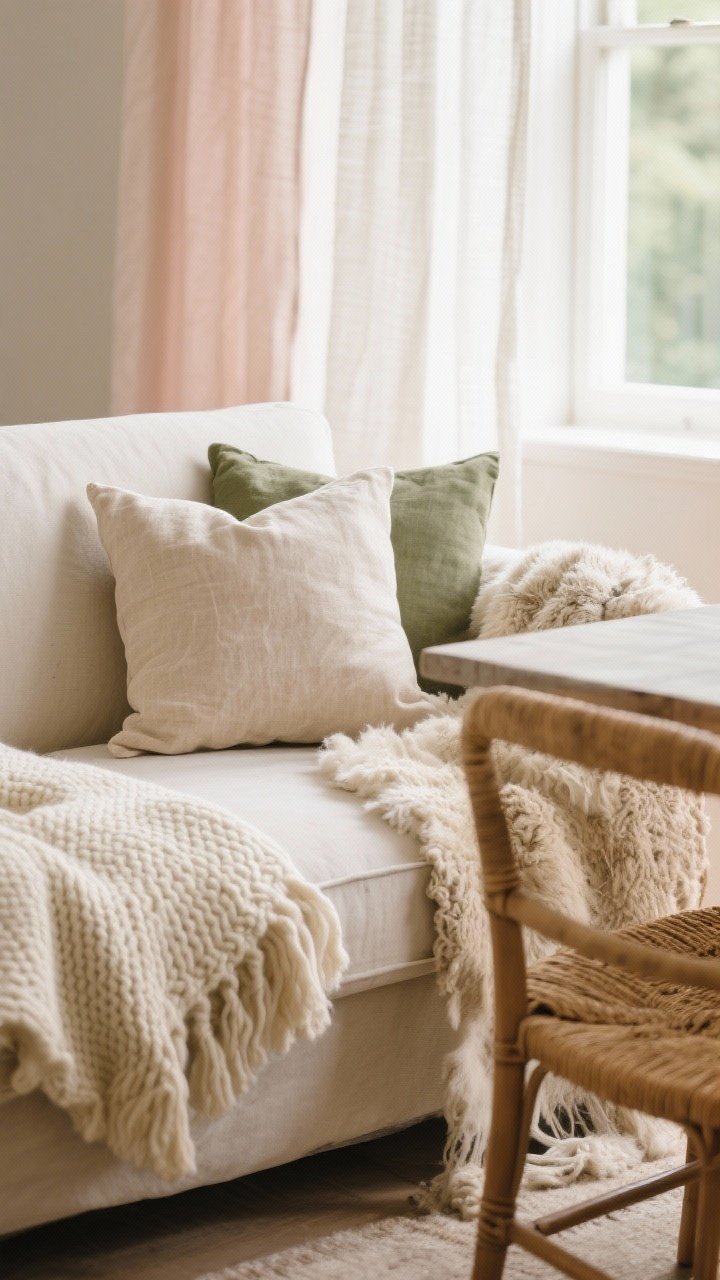 Closeup detail shot of layered textures on a neutral sofa: a soft cream knit throw draped over the arm, a structured washed-linen cushion in oat, and a rustic jute seat pad on a nearby rattan chair; add a sheepskin casually layered over a dining bench edge in frame; palette of creams, oat, moss, and faded blush; diffused daylight filtering through linen curtains, highlighting the nubby wool and chunky weave fibers; photorealistic, shallow depth of field.