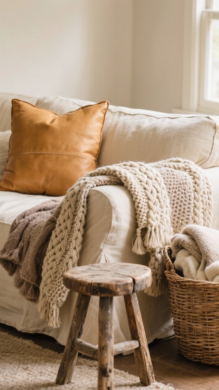 Closeup detail shot of layered textures on a neutral sofa: chunky wool and cable-knit throws draped casually over a linen slipcovered couch in warm cream and taupe, with a buttery tan leather pillow, a weathered wood stool as side table, and a rattan basket holding extra blankets; soft natural daylight from the side, matte finishes, cozy cottage core vibe.