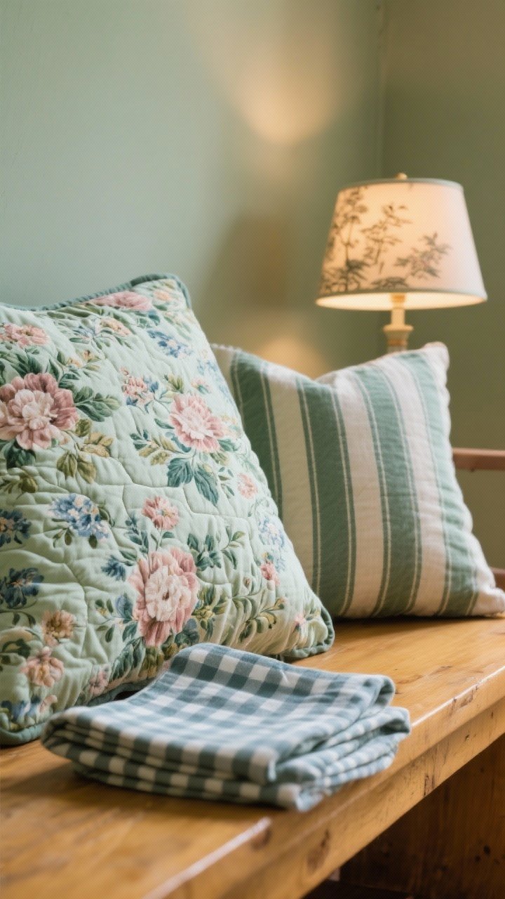 Closeup detail shot of pattern play: a folded muted floral quilt as the hero pattern, paired with gingham napkins and a ticking stripe pillow; a small toile lampshade glows softly in the background; palette kept tight in moss green, faded rose, and slate blue; textures rest on a honey-toned wood bench; soft, diffused daylight enhances fabric texture; photorealistic, no people.