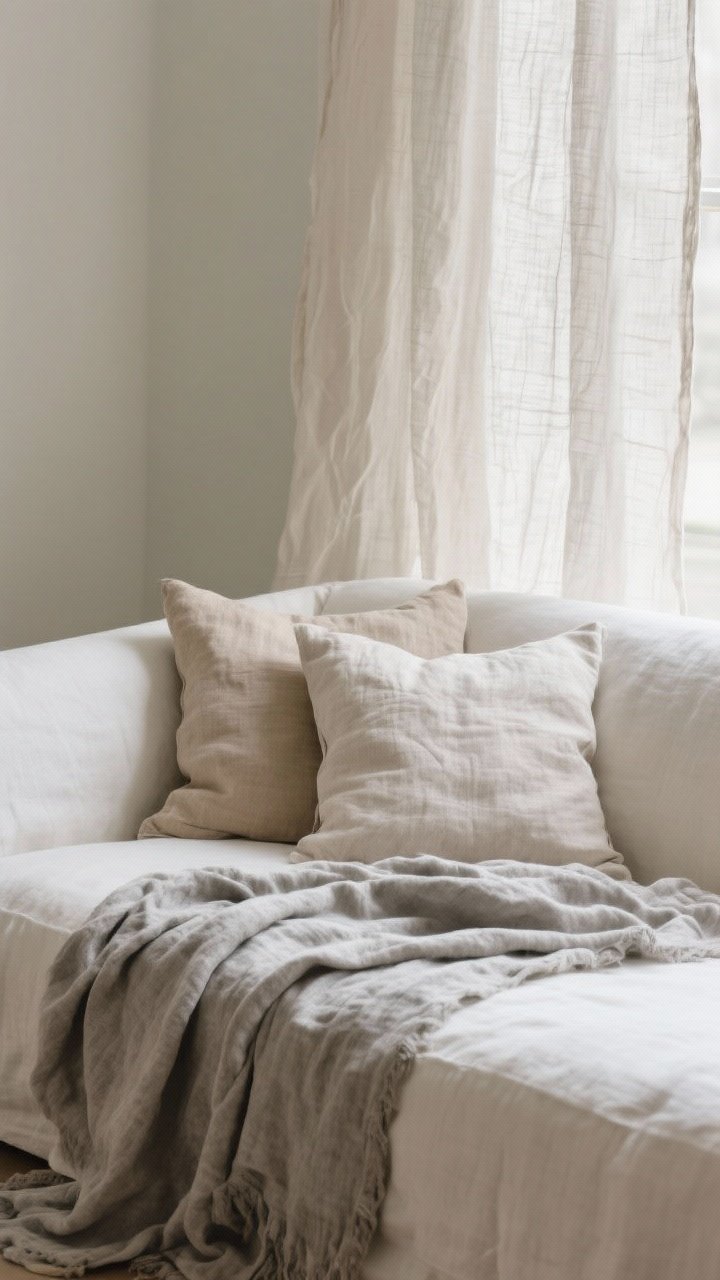 Closeup detail: Soft linen textiles layered throughout—a rumpled stone-gray linen throw over a creamy white linen slipcovered sofa, with soft oat-toned linen pillow shams peeking in; gauzy linen curtain panel filtering daylight; texture-forward, slightly wrinkled, breathable look; photorealistic fabric weave and calm, washed tones.