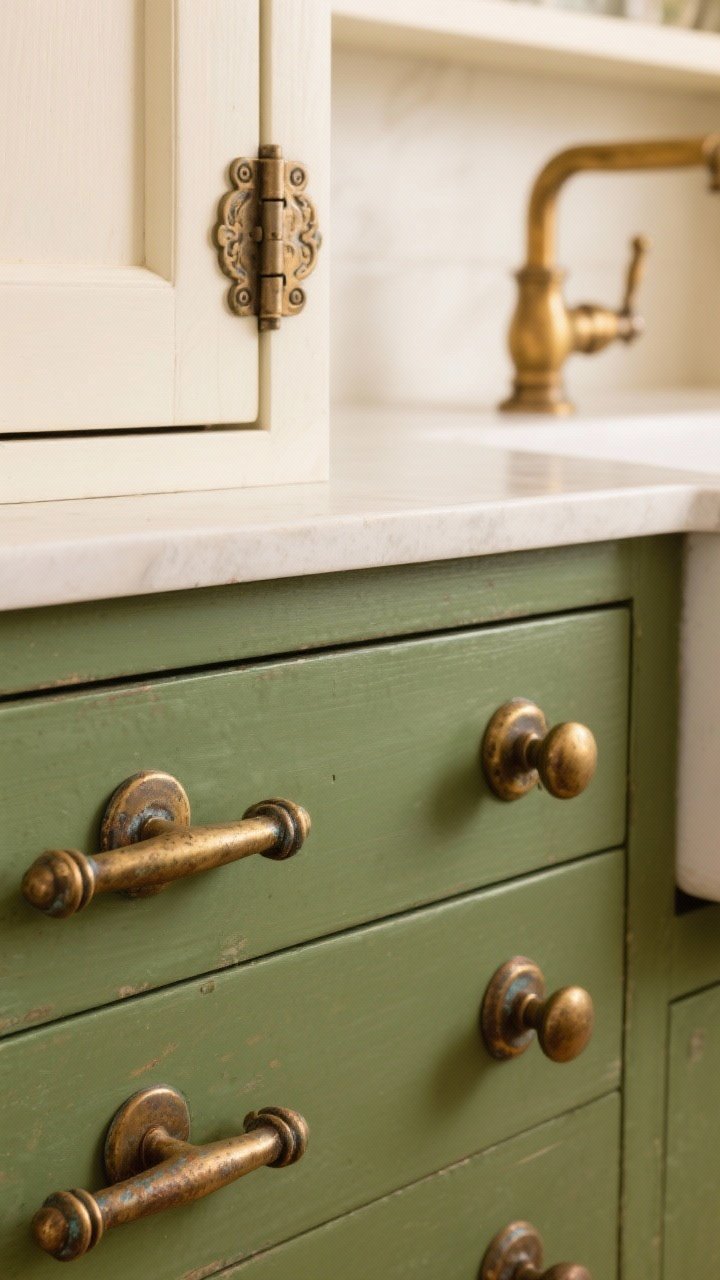 Closeup hardware study: aged unlaquered brass bin pulls on a moss green drawer showing early patina, mushroom knobs on warm white uppers, and decorative surface-mounted hinges on a cabinet door for old-world character; nearby faucet in matching brass to echo the metal; soft, warm lighting to highlight the metal’s aging and texture, shallow depth of field.