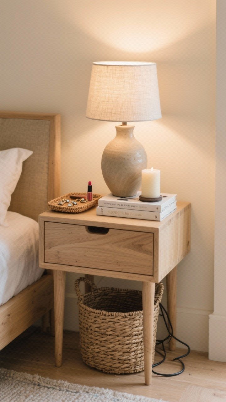 Closeup of a styled nightstand with purpose: a small light-wood nightstand against a calm cream wall; one light source—a ceramic lamp with a linen shade; one sculptural piece—a hand-thrown vase beside a candle; one stack—two books with a small woven tray holding jewelry and lip balm; cords hidden behind a woven basket on the floor; warm, focused lamplight with soft falloff, shot at slight angle.