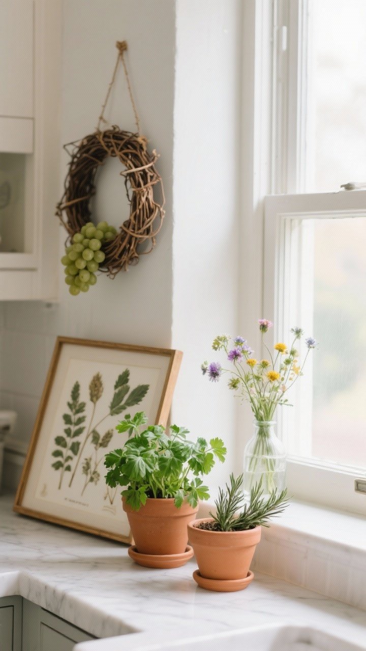 Closeup of botanical moments on a kitchen windowsill: terracotta pots of parsley, basil, and rosemary, a small bud vase with seasonal wildflowers, a grapevine wreath hanging nearby, and a framed pressed botanical leaning against the window frame; gentle morning light filtering through, simple and organic arrangement.