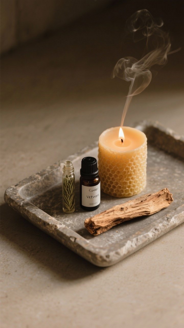 Closeup overhead shot of a curated scentscape on a stone tray: beeswax pillar candle (soft honey tone), essential oil diffuser emitting a delicate wisp, small vials labeled cedar, vetiver, and sage, and a palo santo–style wood stick placed sparingly; warm, moody lighting with seasonal, earthy vibe; background in matte neutral surface, no clutter, one-zone focus
