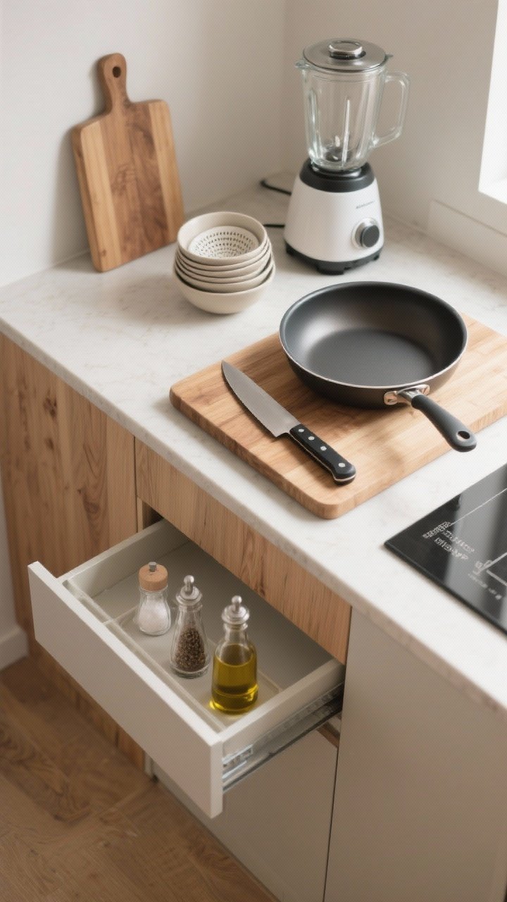 Closeup, overhead view of a minimalist tiny kitchen countertop styled as a “keep-only-the-MVPs” setup: a single sharp chef’s knife on a wood cutting board, a lidded skillet and a small saucepan nearby, nesting bowls stacked, a collapsible strainer folded flat, and a compact blender base with processor attachment; a shallow tray sliding halfway out from a cabinet holds oils, a salt cellar, and a pepper grinder; clear, uncluttered counters with soft natural light, neutral palette, warm wood grain texture, no extra tools in sight, photorealistic.