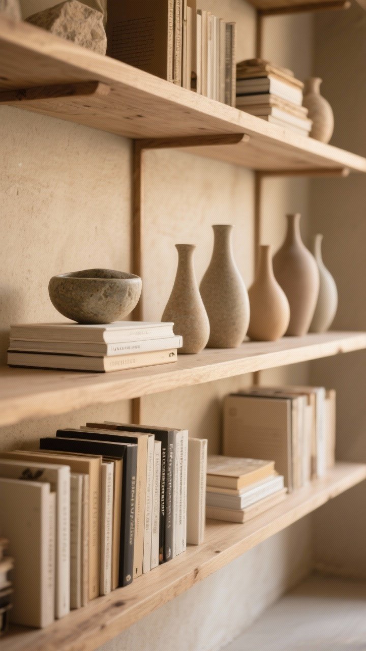 Closeup shelf detail: Natural collections—open wood shelving styled with horizontally stacked books topped by a ceramic bowl, odd-number groupings of vases at varied heights, a single organic element (smooth river stone) on one shelf; airy negative space, warm sand back wall, soft directional light.