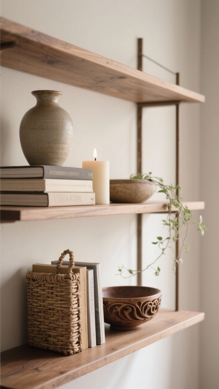 Closeup shelf styling: open wood shelves arranged with odd-number groupings—tall ceramic vase, stack of books horizontally and vertically, small candle, a basket, and a handmade carved bowl; varied heights and scales, with a tiny trailing plant; intentional negative space; soft side lighting that highlights texture and form.