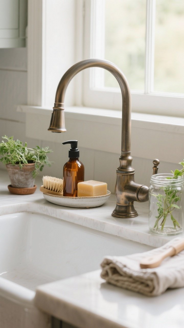 Closeup sink vignette: a classic bridge or high-arc gooseneck faucet over a farmhouse sink, amber glass soap and lotion bottles on a ceramic dish, a natural fiber dish brush, a small potted herb and a jar with clipped green stems, folded linen tea towels nearby; soft daylight from a nearby window creating a fresh, serene moment