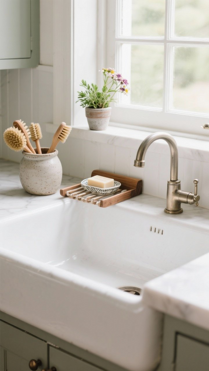 Closeup sink vignette: a white fireclay apron-front sink with a polished nickel bridge faucet; a small vintage soap dish holding a block of Marseille soap, wooden scrub brushes gathered in a stoneware crock, and an over-the-sink drying rack in oiled wood; a tiny herb pot and a sprig of flowers on the windowsill; bright but soft natural light from the window, crisp and inviting.
