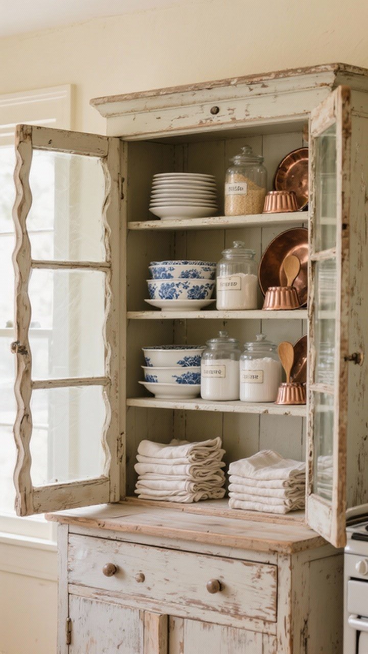 Closeup, straight-on: An antique pine kitchen hutch with worn edges and wavy glass doors ajar, shelves neatly styled with stacked white ironstone and blue transferware by size and color, copper jelly molds and wooden butter paddles tucked between stacks, a few folded linen napkins for texture, and labeled apothecary jars of flour and tea; soft natural window light, creamy wall backdrop, intentional negative space on shelves to avoid clutter, photorealistic.