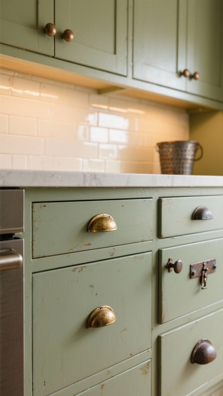 Closeup, straight-on: Cabinet fronts in muted sage with a curated mix of aged metals—iron bin pulls on drawers, small latches on uppers, and mushroom knobs; unlacquered brass with wax finish beginning to patina; subtle reflections on cream-tiled backsplash, warm ambient kitchen light emphasizing the hardware’s texture and age.