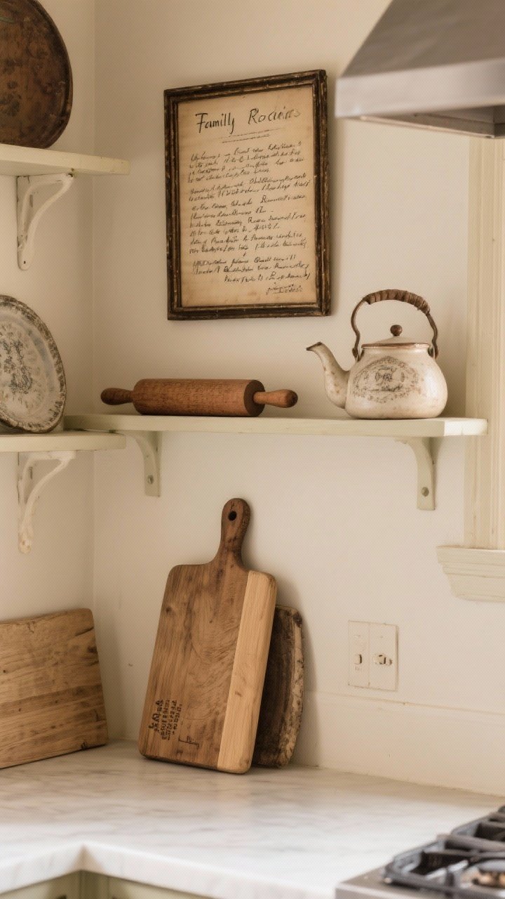 Closeup, straight-on: Heirloom details on a small kitchen wall—framed handwritten family recipe by the baking zone, a grandparent’s teapot displayed on a shelf beside an antique wooden rolling pin; underside of a new cutting board subtly dated; mixed old and well-made new pieces, warm homey light, authentic, unfussy mood.