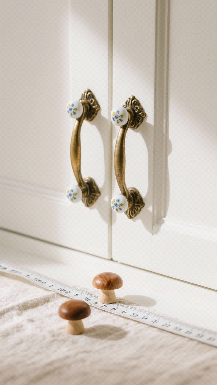 Closeup, straight-on shot of cottage-style cabinet hardware swap: antique brass curved pulls and porcelain knobs with tiny floral transfers installed on stark white shaker cabinets, with a couple of warm wooden mushroom knobs arranged on a linen cloth beside a tape measure showing center-to-center spacing; soft morning natural light, subtle reflections, photorealistic textures of aged bronze patina and smooth porcelain.