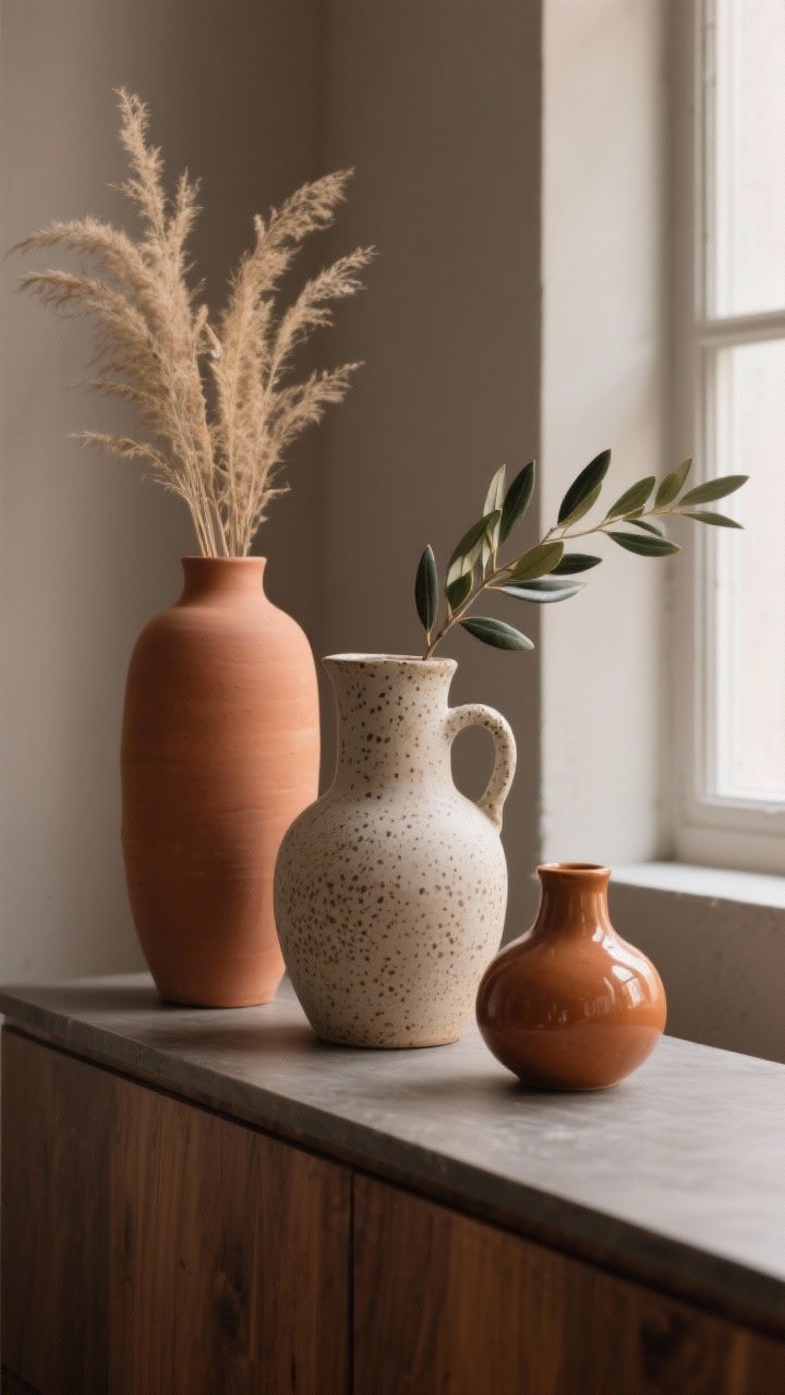 Closeup tabletop vignette styling ceramic and terracotta accents: a grouping of three vessels—one tall matte terracotta vase with dried grasses, one medium speckled stoneware jug with olive branches, and one small glossy glazed bud vase; set on a muted wood console against a soft taupe wall; varied shapes and finishes create contrast; earthy hues with subtle highlights; directional window light with gentle shadows; straight-on but tightly framed.