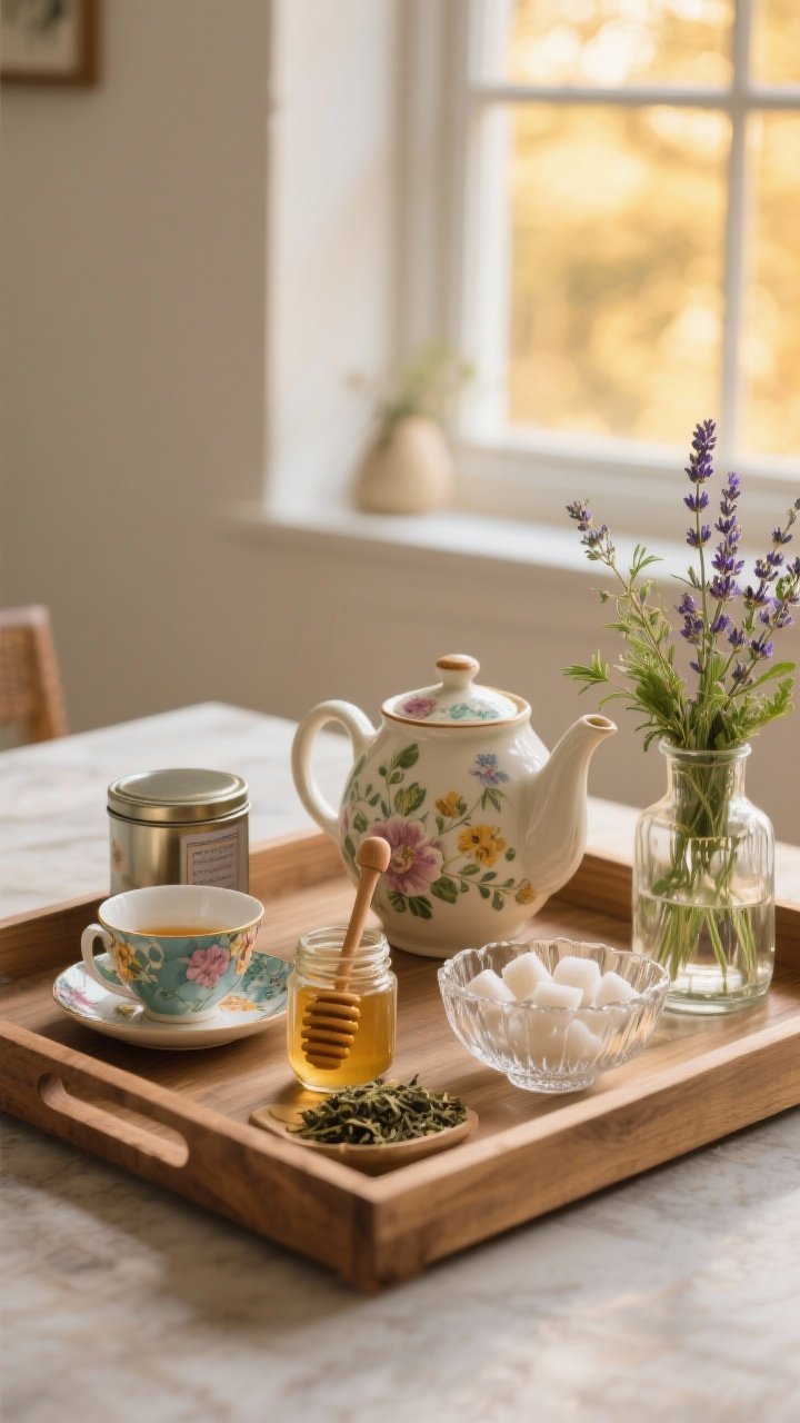 Closeup tea station on a tray: ceramic teapot, mismatched floral teacups, a tin of loose leaf, honey jar with wooden dipper, pressed-glass bowl of sugar cubes, and a petite vase with herb sprigs and dried lavender; set on a wooden tray for portability; warm golden-hour window light, photorealistic.