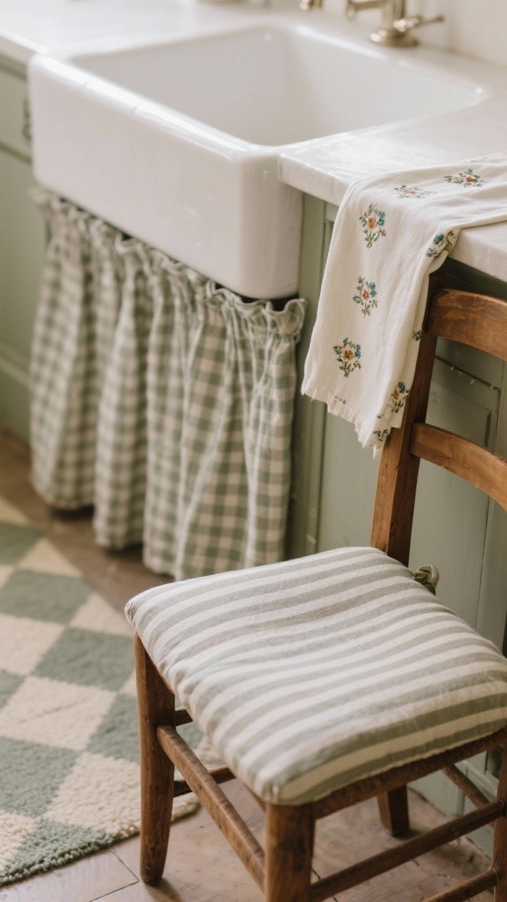 Closeup textile and pattern study: muted gingham café curtain at the sink, ticking stripe seat cushion on a wooden chair, and a folded tea towel with tiny floral pattern in complementary tones; subtle checkerboard floor rug peeking into frame; colors in a quiet, coordinated palette for a collected feel; gentle natural light, photorealistic