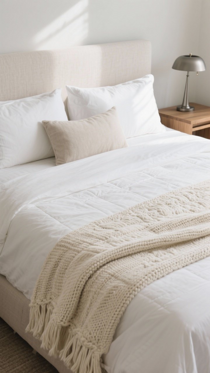 Closeup texture detail: A layered hotel-inspired bedscape—crisp white linen sheets as the base, a lightweight sand-toned quilt in the middle, and a folded chunky knit throw in cream at the foot; two sleeping pillows, two euro shams, and one lumbar arranged neatly; adjacent elements include a linen-upholstered headboard, a matte metal bedside lamp, and a natural wood nightstand; soft ambient daylight grazing the fabrics to reveal weave and texture, taken at a shallow angle for tactile depth.