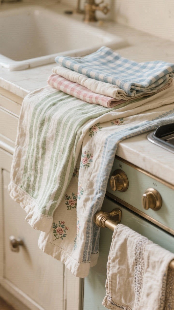 Closeup texture shot of layered antique linens and tea towels in coordinated creams, faded greens, blush, and dusty blue; patterns mixing stripes, gingham, and small florals; one towel used as a mini runner on a sideboard, others casually draped over an oven handle and sink apron; softly wrinkled fabric for lived-in charm; soft diffused light emphasizing weave and pattern, photorealistic.