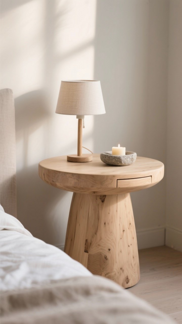 Closeup vignette: chunky solid pedestal side table used as a nightstand, rounded sculptural form in light wood, styled minimally with a petite lamp and one low object (a candle in a stone dish), no visible drawers for a calm look, soft serene morning light, blurred linen duvet edge in foreground, photorealistic.