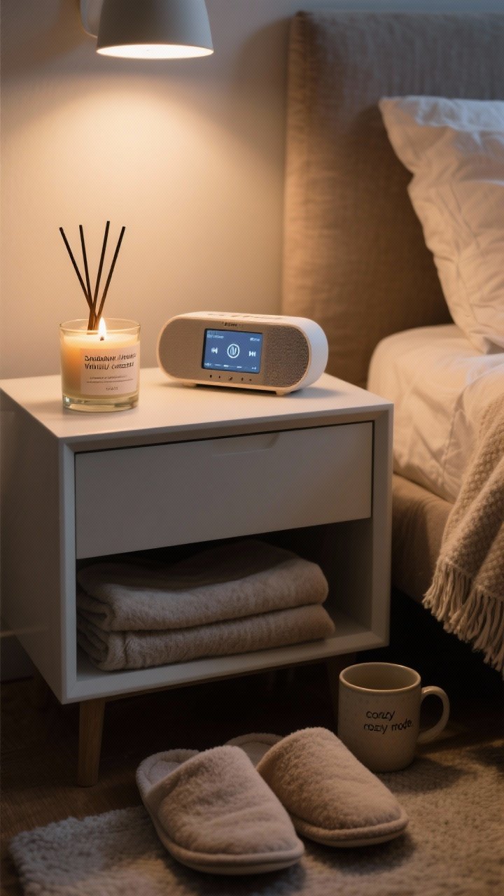 Closeup vignette of sensory cozy rituals on a nightstand or sideboard: a lit candle or reed diffuser labeled sandalwood/amber/vanilla/cedar, a compact Bluetooth speaker with a mellow playlist display, plush house slippers placed neatly below, a folded throw within arm’s reach, and a favorite ceramic mug; lights dimmed to a soft glow to suggest nightly “cozy mode.”
