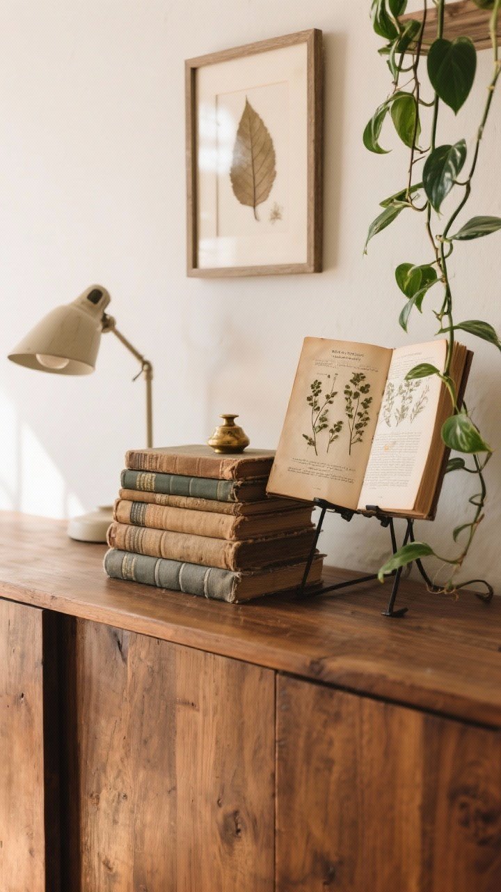 Closeup vignette of styled vintage books and botanicals: a wooden sideboard with horizontal and vertical stacks of worn cloth-bound books, one stack elevating a small lamp; pressed leaves in simple frames lean against the wall; an open vintage field guide propped on a stand; a trailing pothos adds greenery; a small brass object rests atop a book for finish; warm daylight, intimate detail shot from slightly above.
