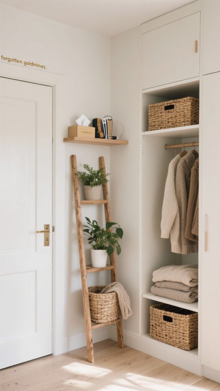 Corner angle — Maximized doorway and corner storage: slim triangular corner wardrobe with clean lines, leaning wood ladder shelf with plants and folded sweaters, and an over-the-door shelf above the door holding tissue boxes and travel kits in matching baskets. Cohesive containers in rattan or linen to keep it coordinated, light walls, pale wood floors, gentle daylight. Photorealistic, perspective from near the opposite corner to highlight the “forgotten goldmines.”