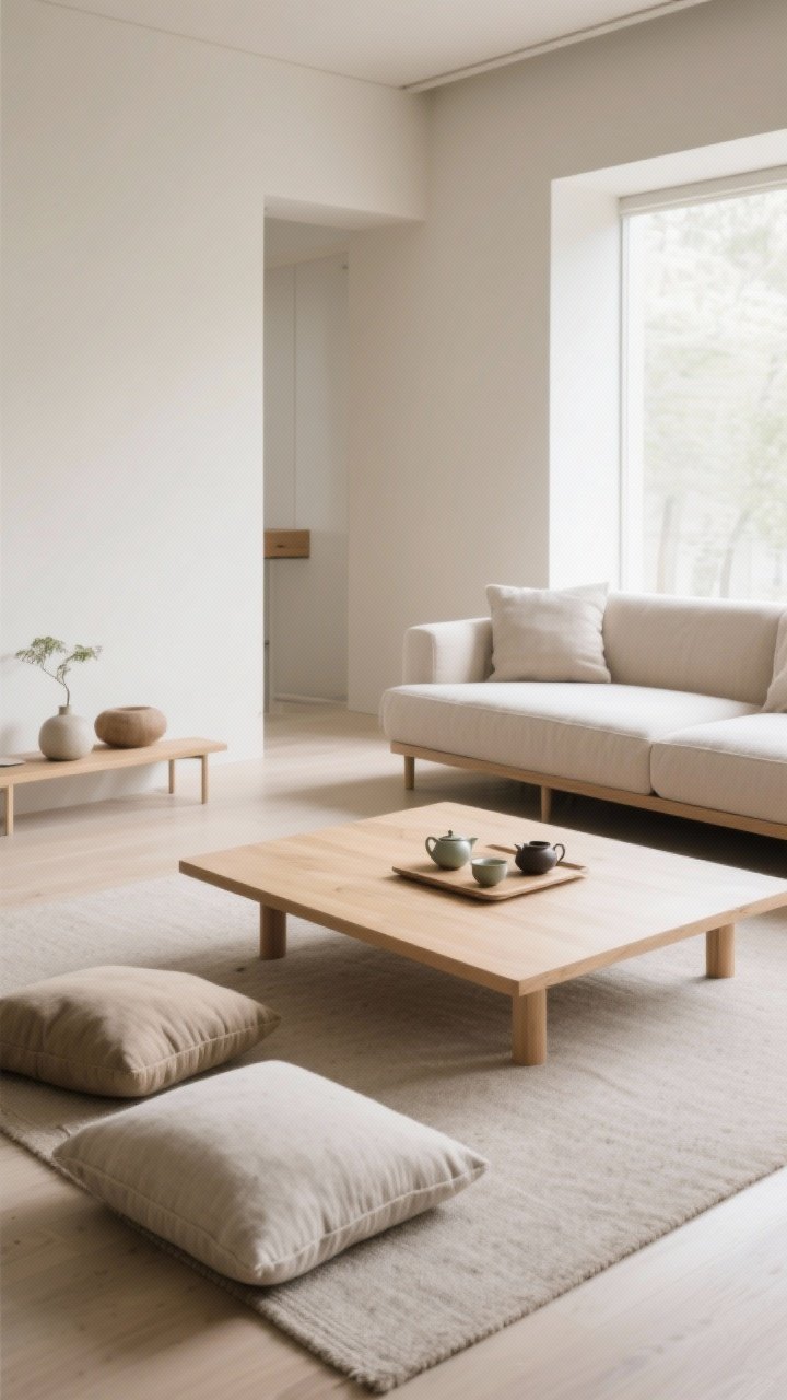 Corner-angle medium shot: A low, loungey Japandi coffee table sitting 1–2 inches lower than the sofa seat height, approximately two-thirds the sofa length, with 16–18 inches of clearance to the sofa. Floor cushions arranged nearby for a tea ritual vibe; the low height visually grounds the room. Neutral, airy space with soft daylight and a relaxed, spacious feel.