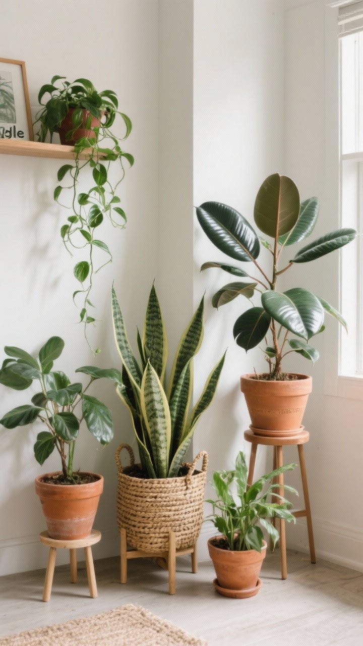 Corner angle medium shot: a relaxed plant cluster featuring snake plant, pothos trailing from a shelf, glossy ZZ plant on a stand, and a rubber plant for height; woven planters, terracotta pots, and varied-height plant stands; cluster of 3–5 plants creating a balanced focal corner; filtered daylight, minimal watering vibe, clean and calm plant “jungle.”
