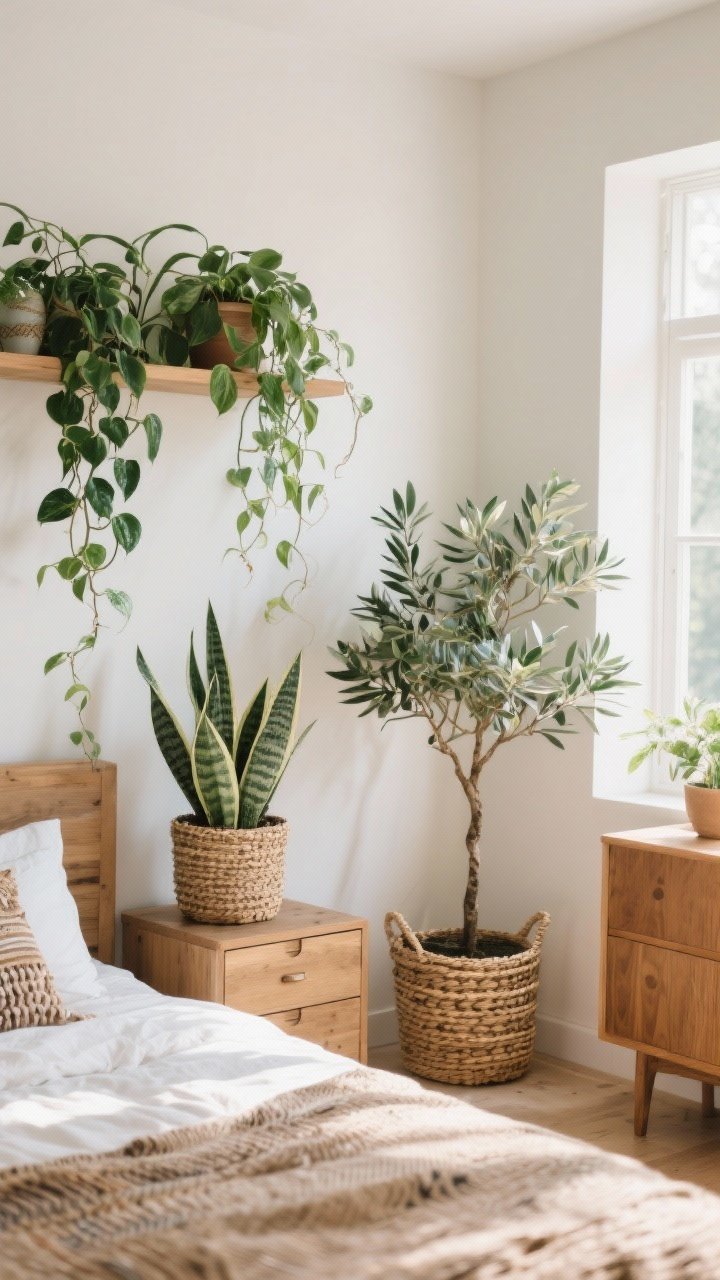 Corner angle medium shot highlighting boho bedroom plants: trailing pothos or philodendron cascading from a shelf, a sculptural snake plant beside the bed, a hardy ZZ plant near a dresser, and an airy olive tree (faux or real) in the corner; woven baskets used as planters for texture; bright indirect natural light; earthy, fresh feel; photorealistic greenery.