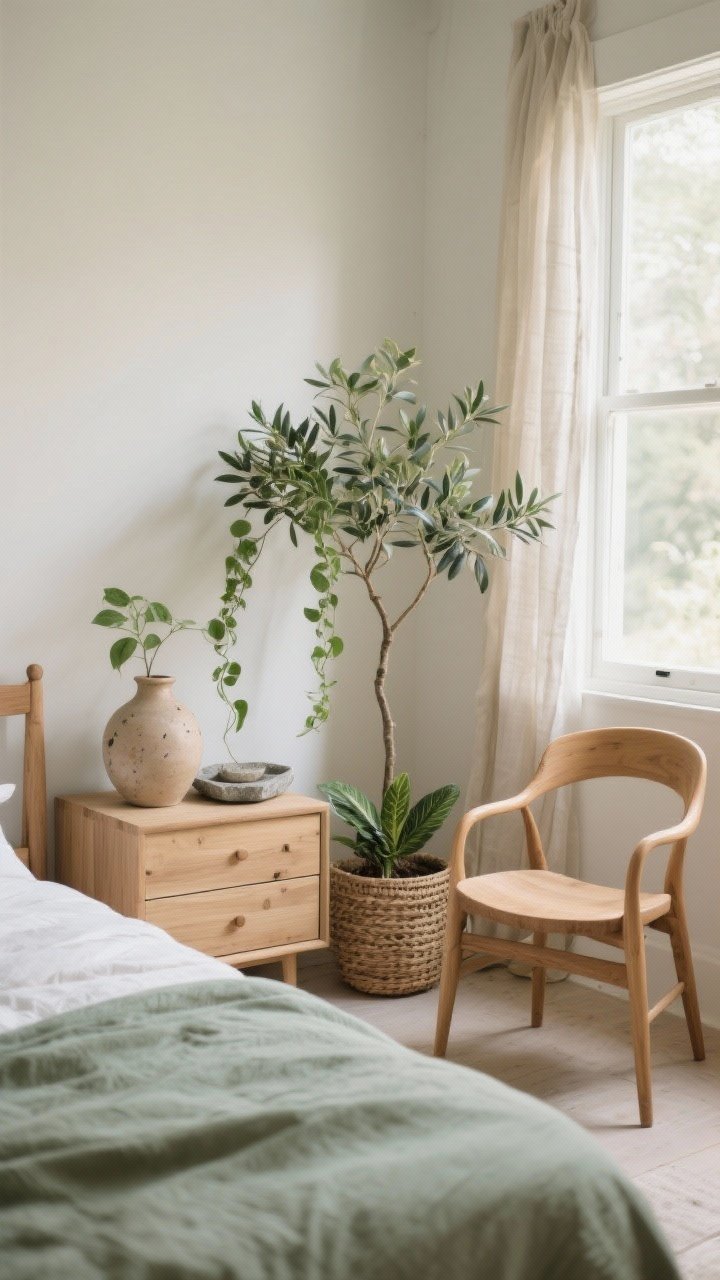 Corner-angle medium shot: Nature-forward hygge details. A light oak bed frame and matching ash nightstand, a bentwood chair by a window with sheer linen curtains. Greenery includes a pothos trailing from a simple pot and a small ZZ plant; an olive tree (faux) stands in a woven basket planter. Imperfect, soulful accents: a hand-thrown ceramic vase atop the dresser and a natural stone tray on the nightstand. Soft morning light enhances organic textures; calm neutral palette with muted sage hints, photorealistic.