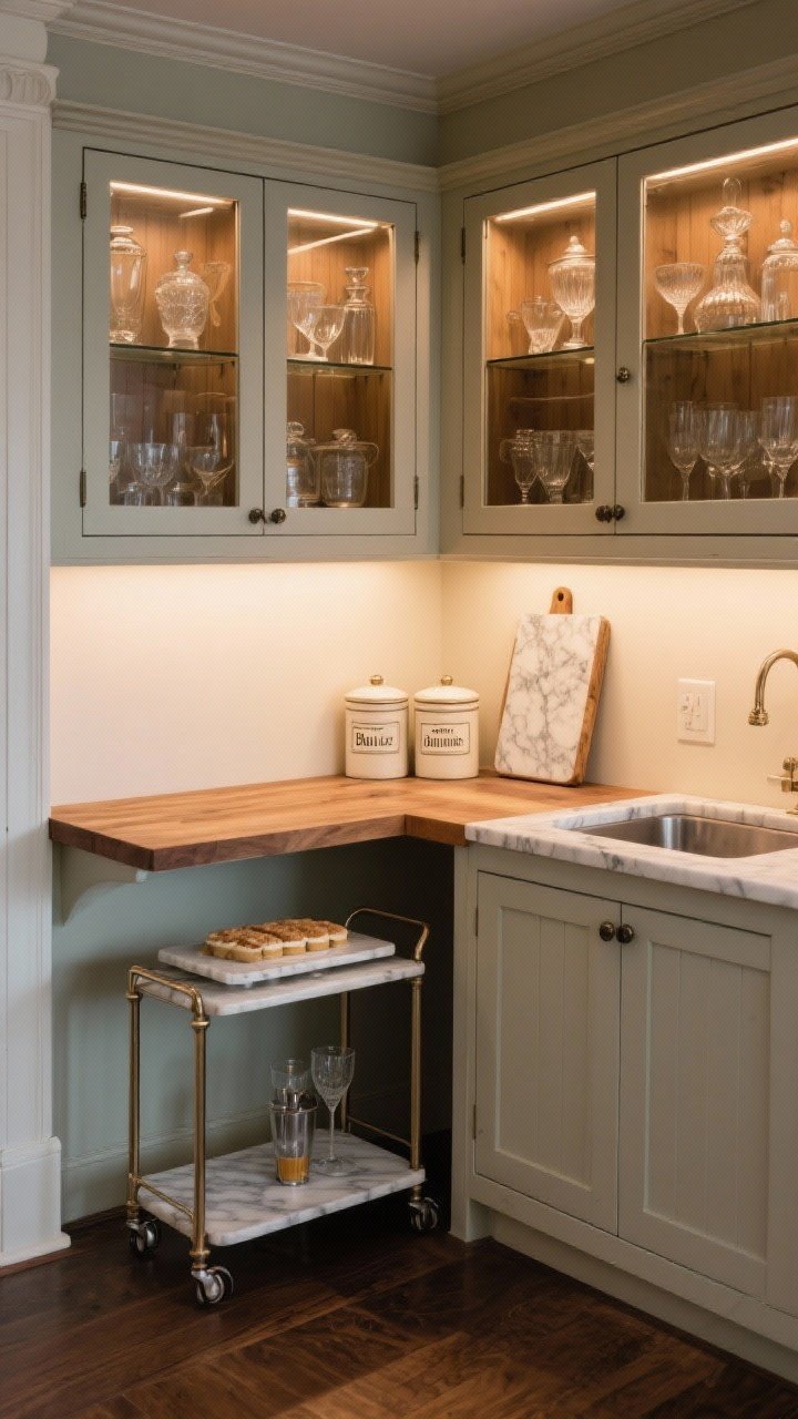 Corner-angle medium shot of a compact butler’s pantry nook: wood countertop for warmth, glass-front upper cabinets showcasing vintage glassware and labeled canisters, a small counter surface with a marble pastry board, a slim rolling cart tucked beneath, optional tiny bar sink; cozy, old-fashioned feel with warm task lighting under the uppers, photorealistic.