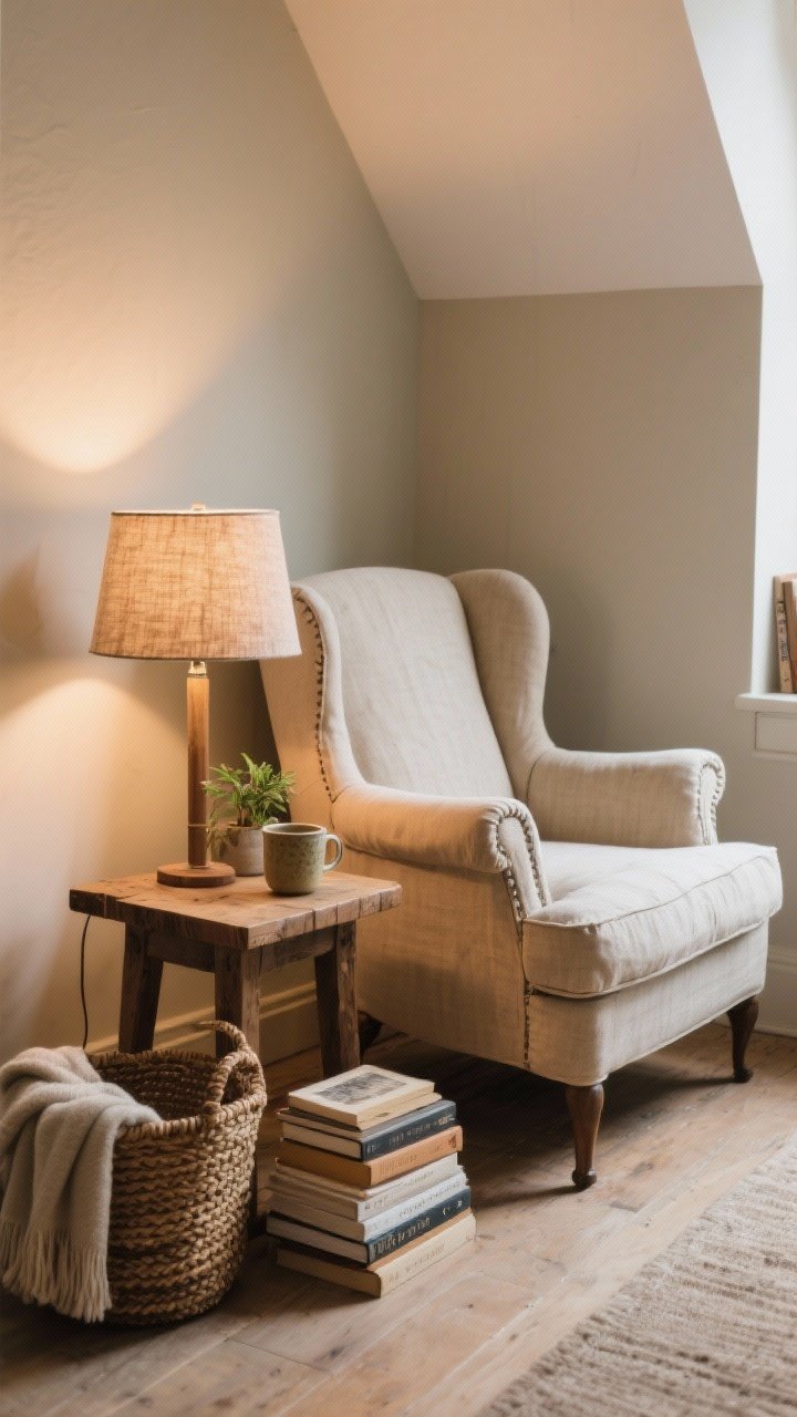 Corner-angle medium shot of a cozy reading nook: a vintage wingback chair with slipcovered linen, a small raw-wood side table holding a ceramic mug and a small plant, a warm table lamp with a fabric shade; add a woven basket of throws and a tidy stack of books; warm, intimate lighting with no harsh overheads, inviting a slow moment.